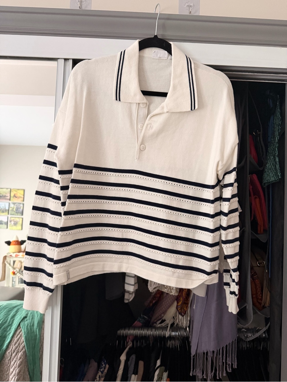 The Upside Cream Crewneck Polo Sweater with Navy Stripes